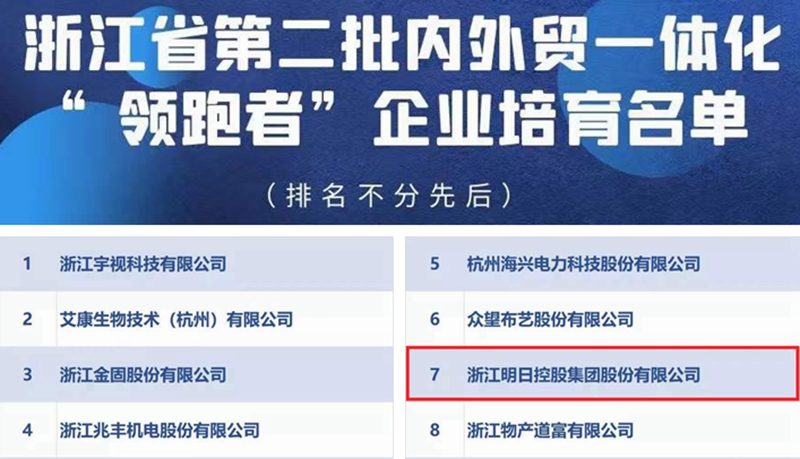 明日控股獲評浙江省內外貿一體化“領跑者”企業